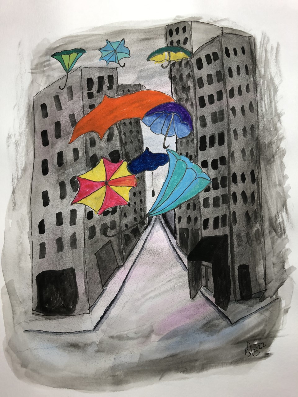 Image of watercolor and graphite drawing showing colorful umbrellas flying between two rows of tall gray buildings in a street