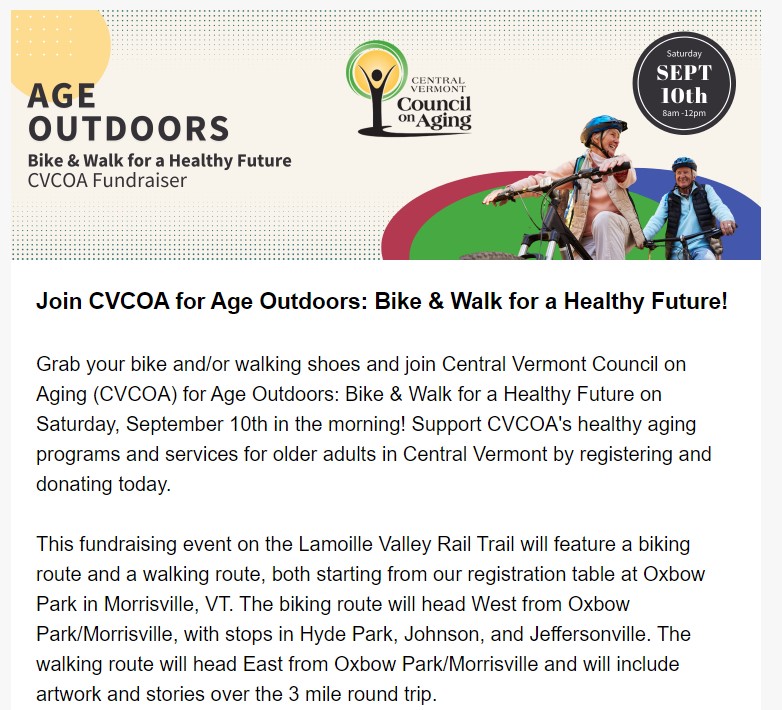 First page of July Newsletter featuring text, logo for Age Outdoors (white woman and man riding on bicycles overset on ovals of burgundy, green, and blue), and CVCOA logo.